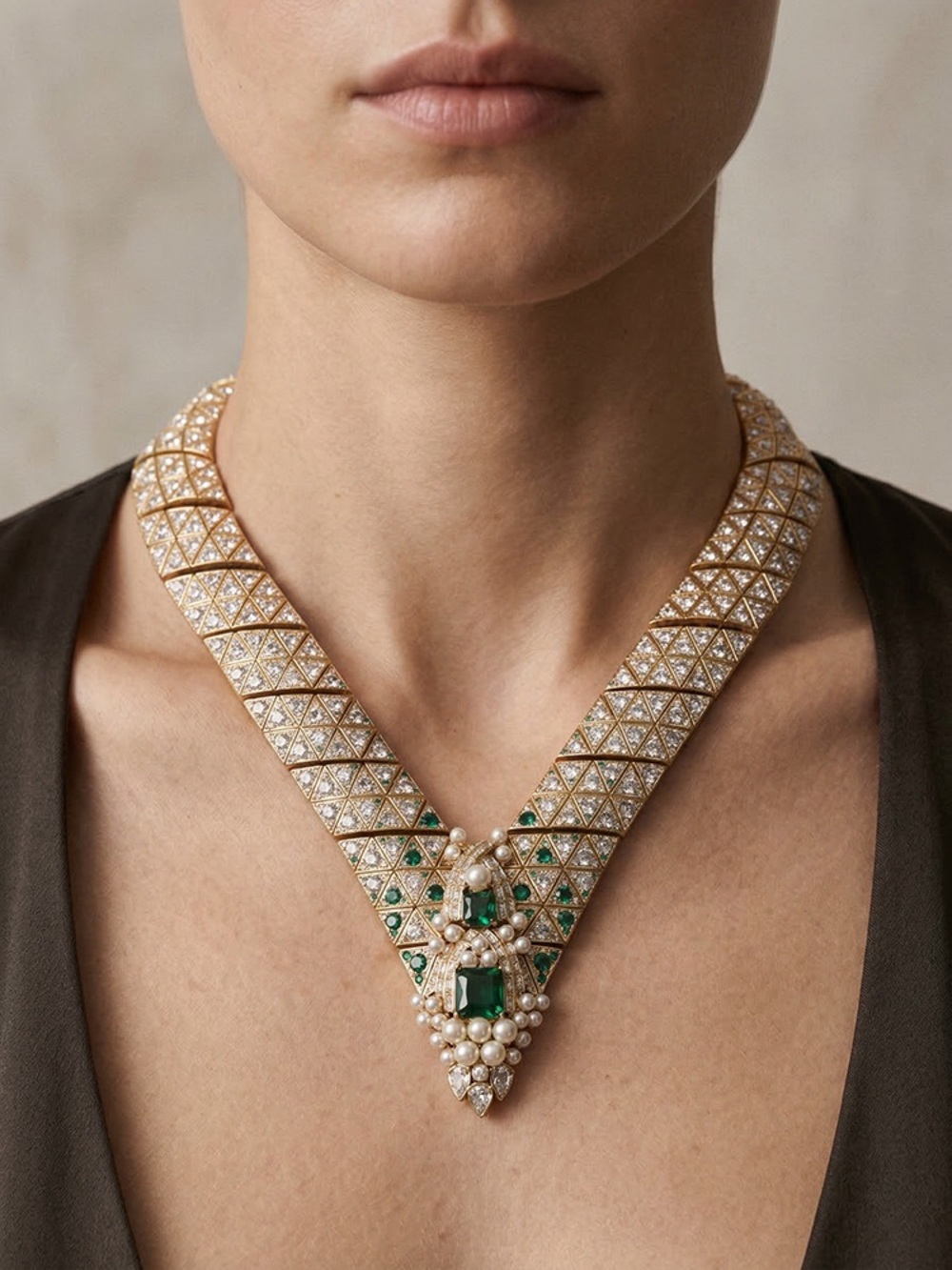 Museum collection level Elegant Gold-Tone Emerald & Pearl V-Front Necklace